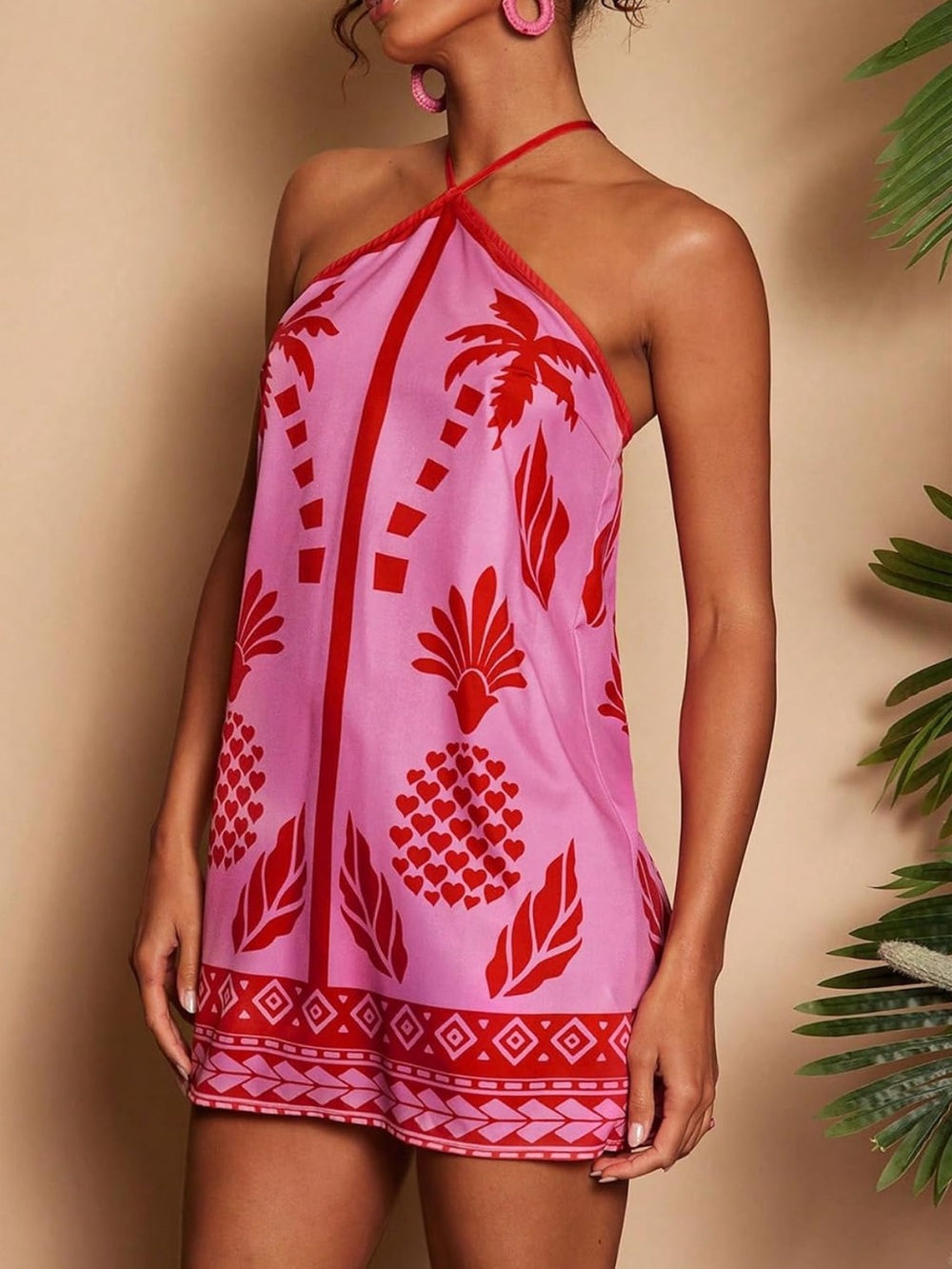 Pink Halter Mini Dress with Red Tropical Print- XS